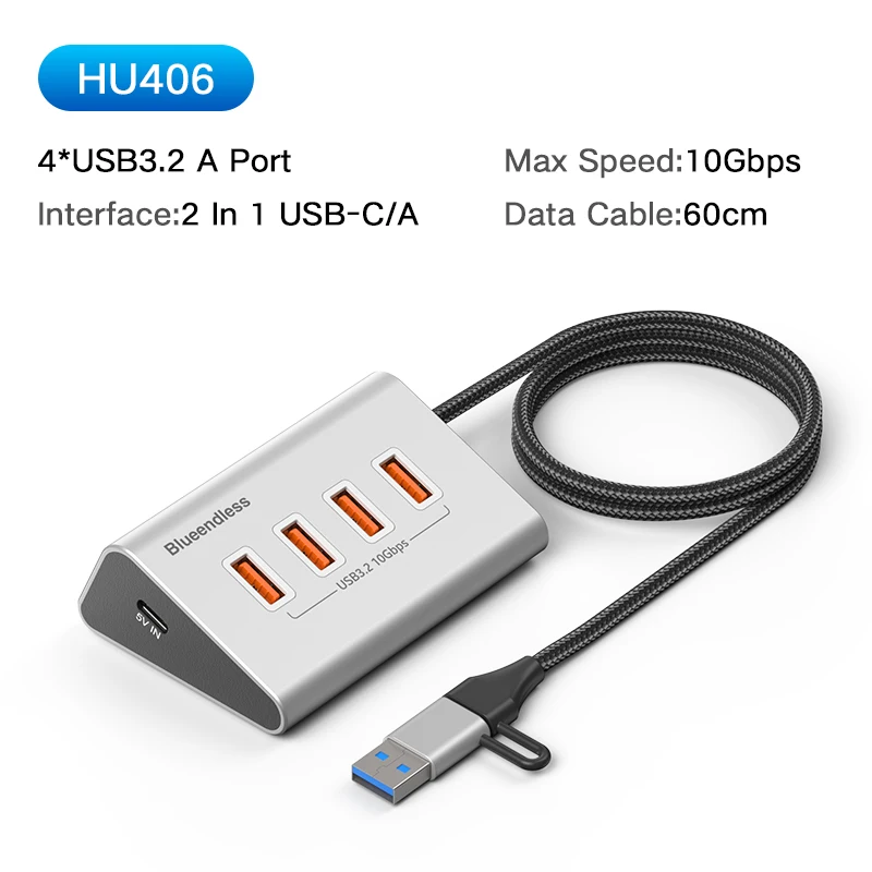 Blueendless Aluminium 10Gbps USB3.2 Gen2 4/10-Port HUB Dockingstation USB-C USB-A Typ C Splitter Adapter für PC Laptop MacBook