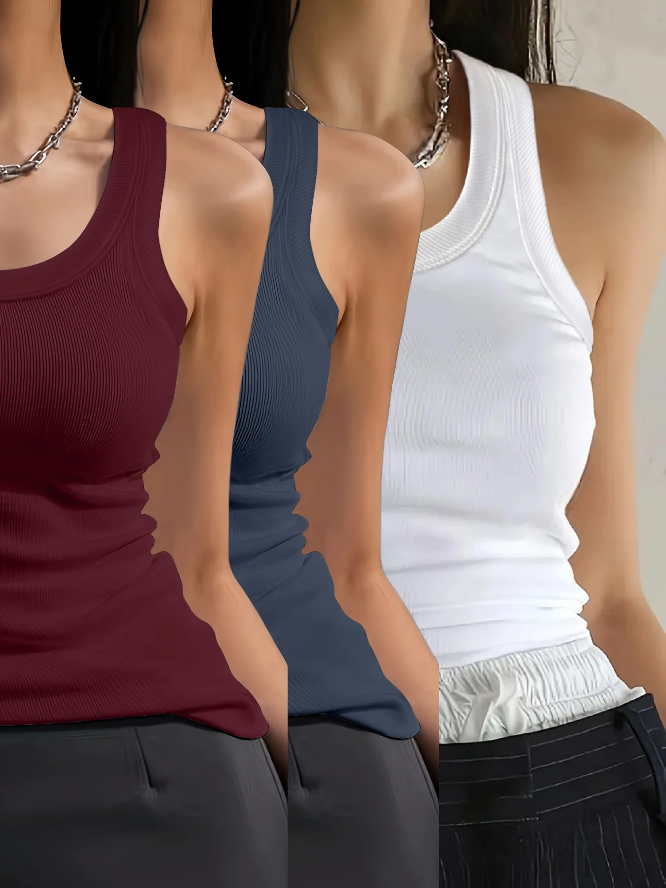 

Spring Summer Wine Red + Tibetan Blue + White Stripe Texture round Neck Sleeveless Vest Three Piece Set Simple Basic Versatile I