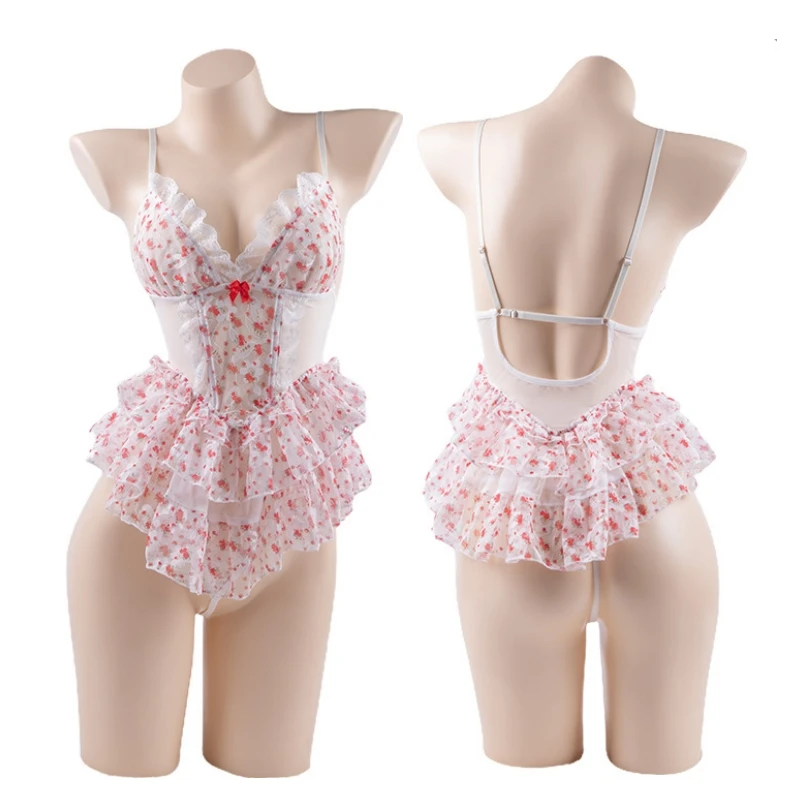 

Sexy Summer Cherry Floral Halter Layered Cake Skirt Doll Cosplay Costume Women Nightgown Cute Girl Underwear Lingerie Outfits
