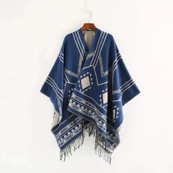 2024 New Indian Nepalese Style Geometric Tassel Split Women Shawl Warm Air Conditioning Room Lady Cloak Poncho Capes Black Khaki