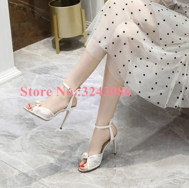 Sexy White Lace Pearl Decor Sandals Lady Fashion Peep Toe Thin Heel Wedding Shoes New Female Ankle Strap Dress High Heels