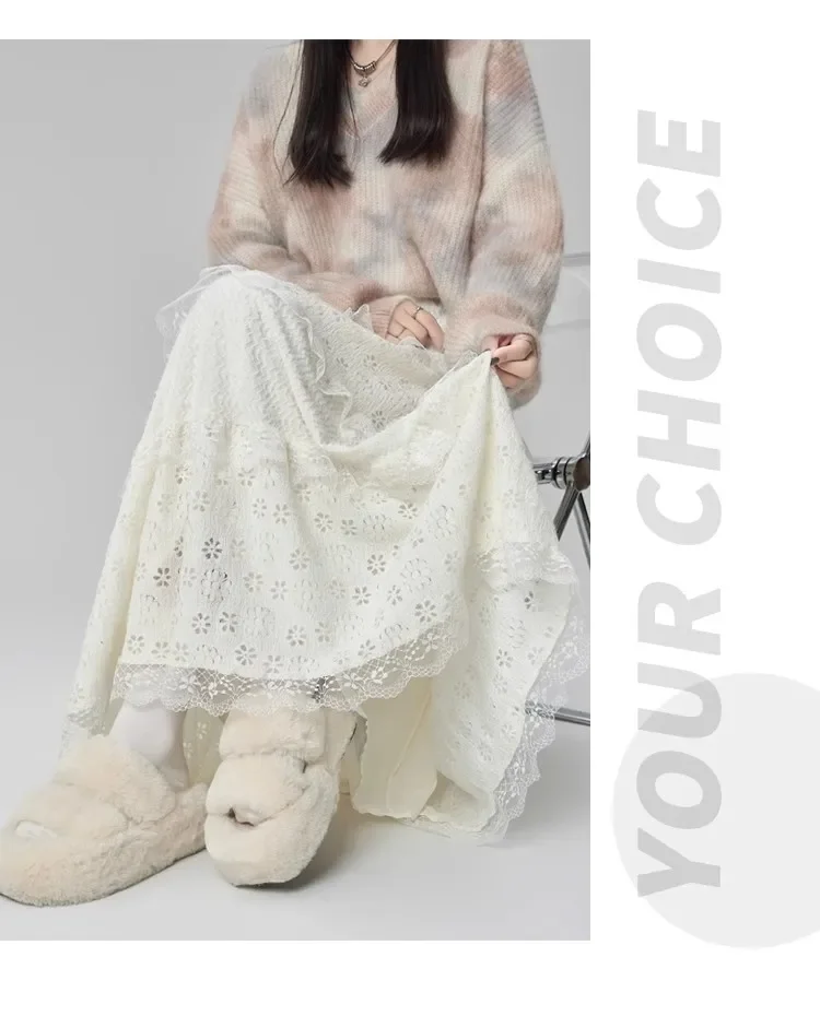 Gentle Wind High Waist A-Line Lace Splicing Long Skirt Women's Fairy Tale Cake Skirt Mid-Length Midi Skirt for Autumn Winter