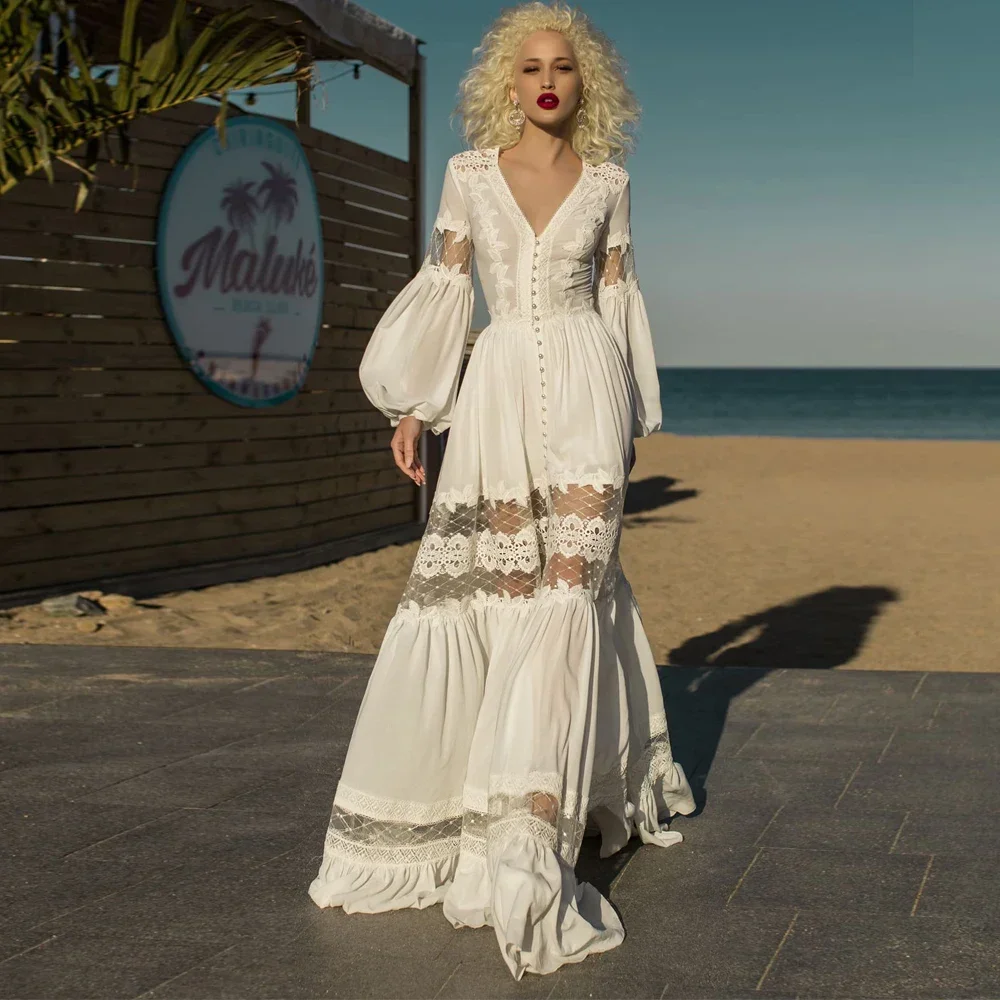 Customized A Line Puffy Sleeve Wedding Dresses Floor Length Bridal Gowns 2022 Spring Women's Dress Summer Robe De Mariée New
