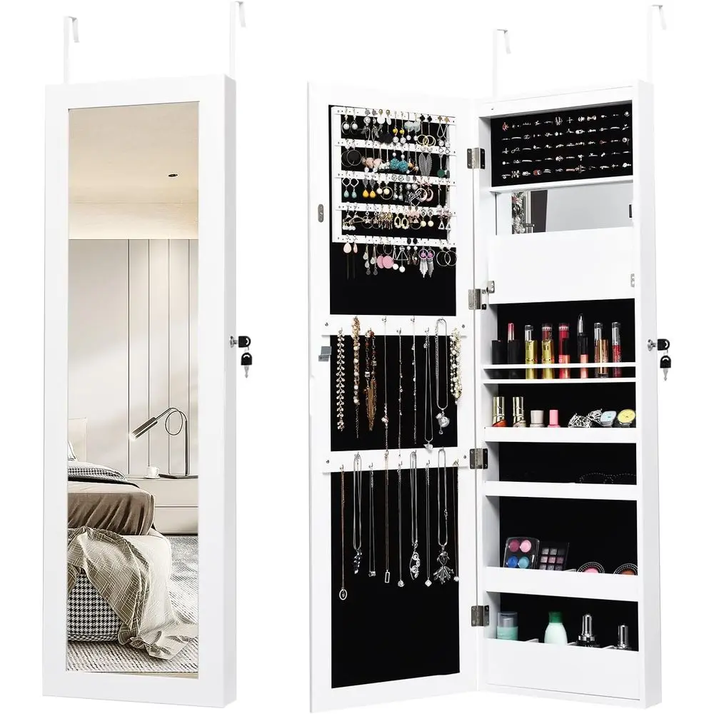 Wall-Mounted LED-Illuminated Lockable Vanity Cabinet with Full-Length Mirror and Ample Storage for Women & Girls (White)