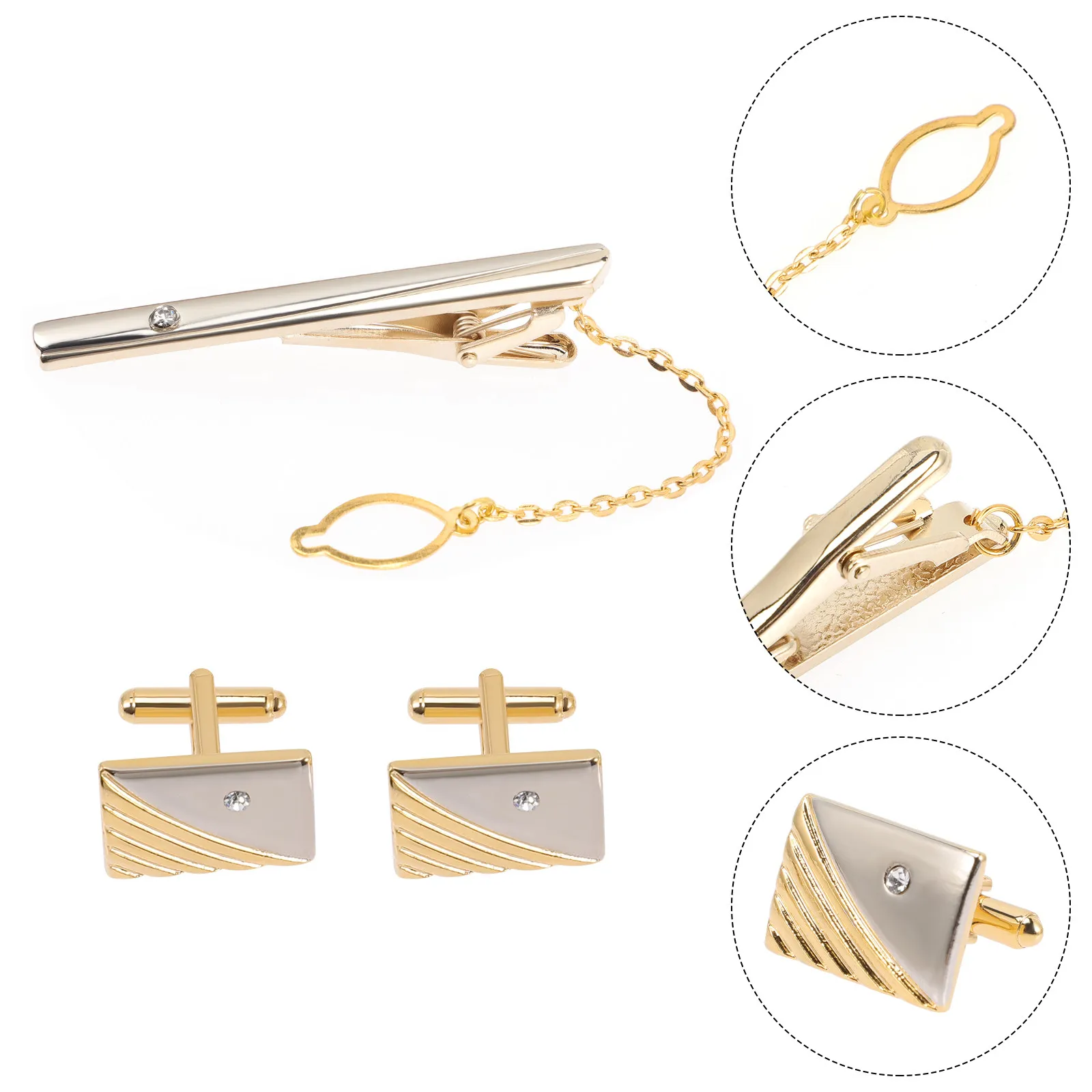 Gold Tone Alloy Clip and Cuff Links Set for Men Exquisite Workmanship Secure Tie Positioning Crystal Accents All