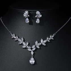 Emmaya Classic Water Drop Necklace Earrings Set for Women Shinny Leaf Cubic Zircon Jewelry Sets Lady Party Wedding Accessories