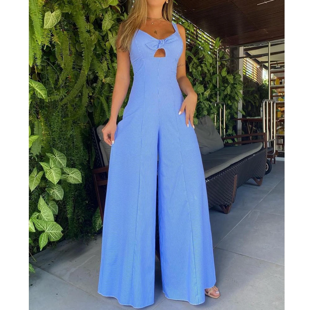 Jumpsuit Women Summer Sexy Hollow Out Sexy Low Cut Rompers Jumpsuits Wide Leg Pants Casual Loose Striped Jumpsuits