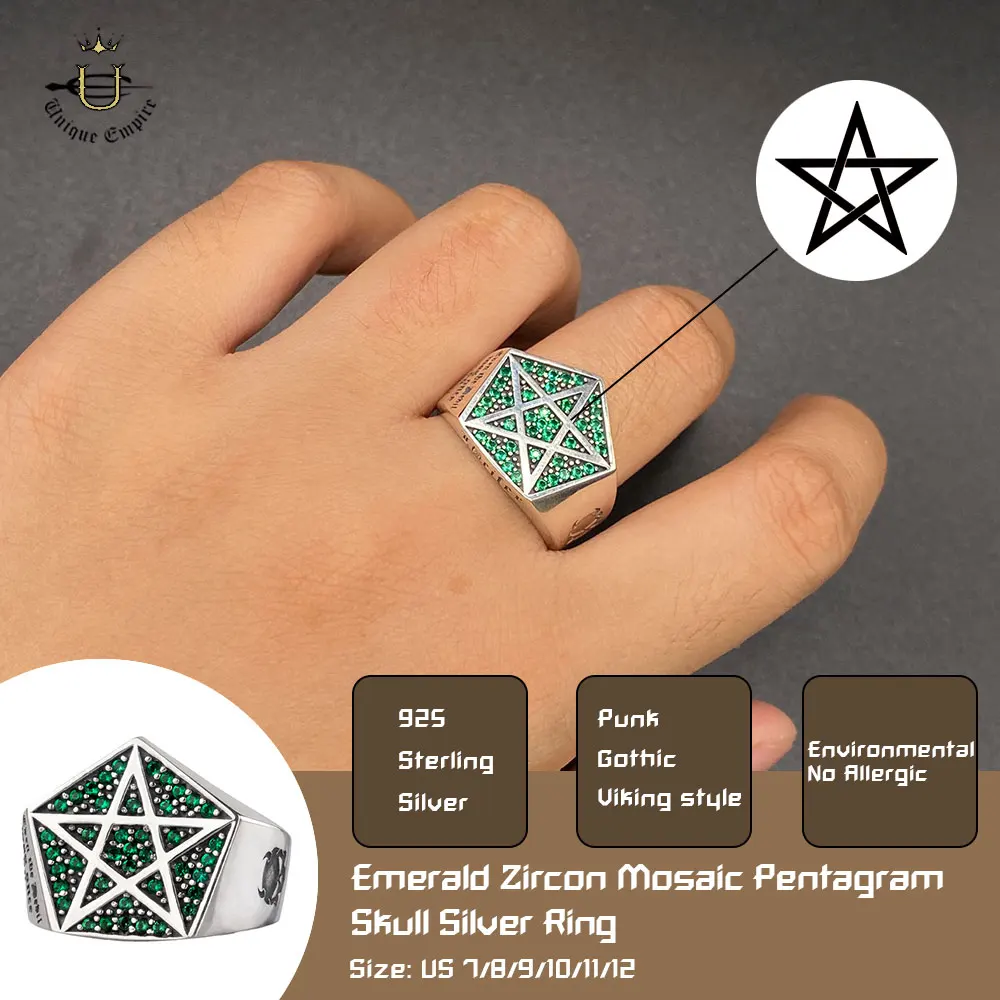 925 Sterling Silver Skull Pentagram Adjustable Ring Fashionable Men's Emerald Zircon Engagement Wedding Band Party Decoration Je