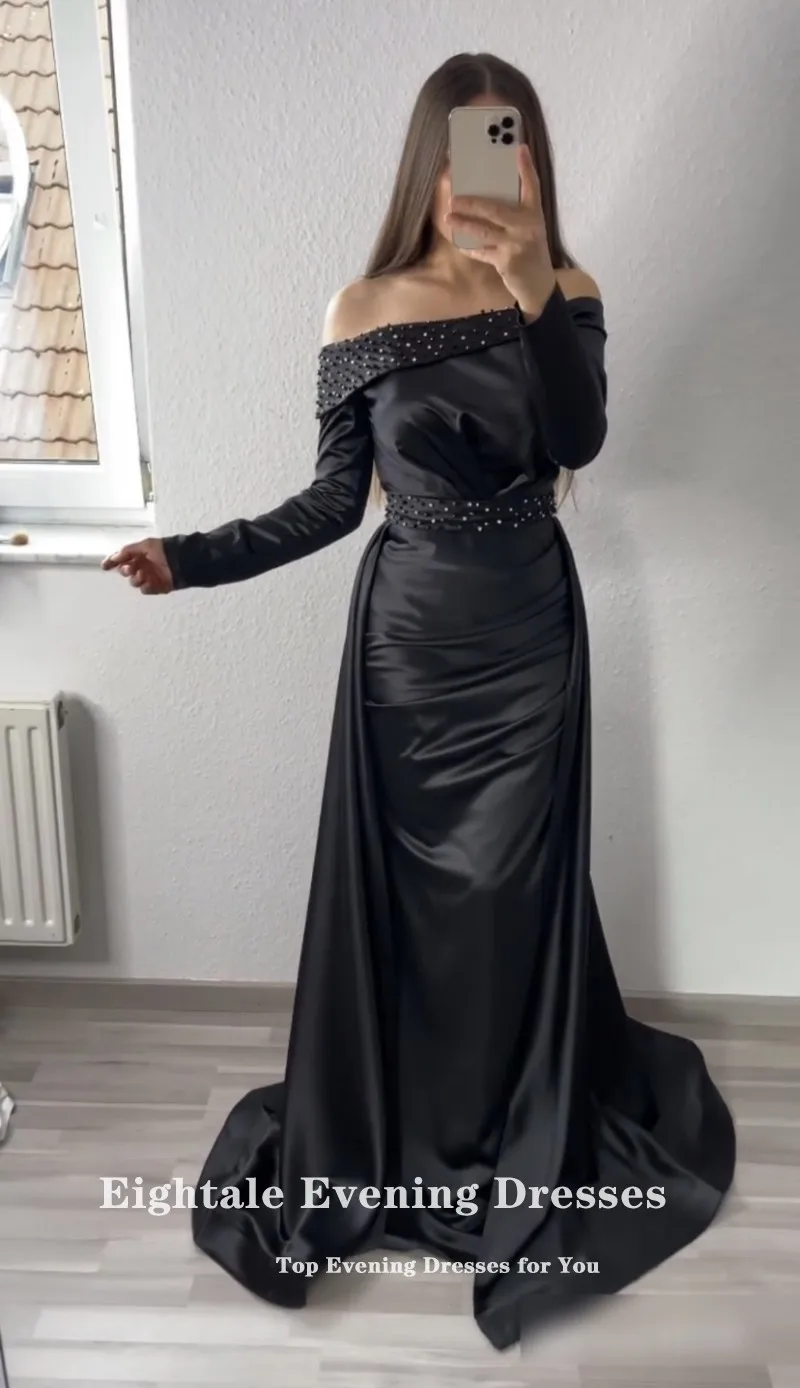 Robe de soirée arabe pour mariage, en Satin perlée, manches longues, robe de bal de forme sirène, robe formelle de célébrité