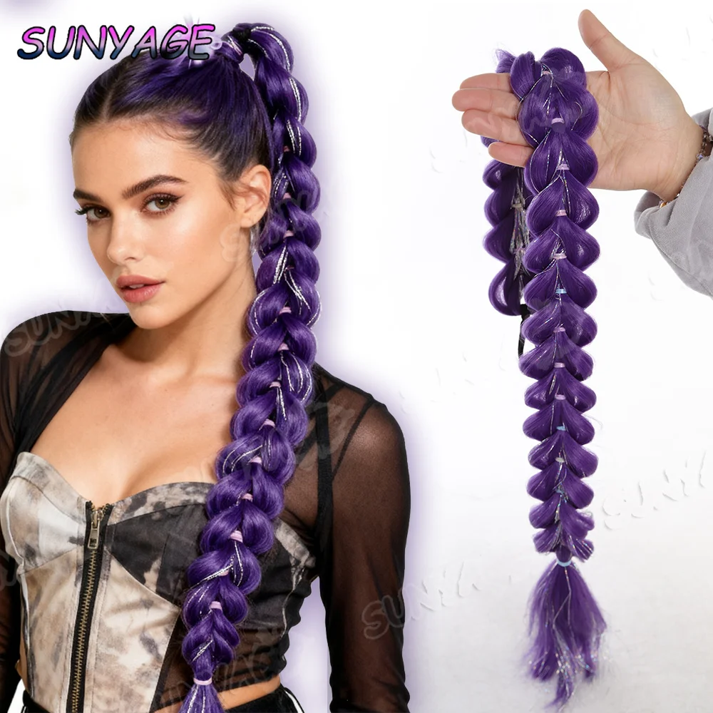 

SUNYAGE Pony Tail Wig Braid Female Purple Colorful Fried Dough Twists Boxing Braid Synthetic Braid Hair Ornament High Pony Tail