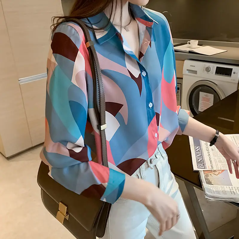 Retro Elegant Chic Print Office Lady All Match Button Up Shirt Fashion Commute Long Sleeve Slim Tops Blouses for Women Clothing