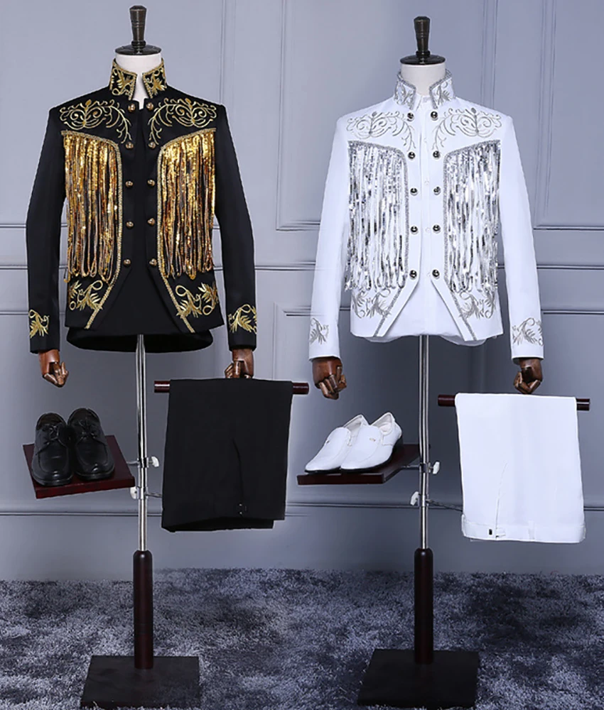 

Мужской костюм Slim Fit из 2 предметов с пайетками и бахромой, комплект из пиджака с воротником-стойкой и брюк для свадьбы, выпускного и вечеринок.