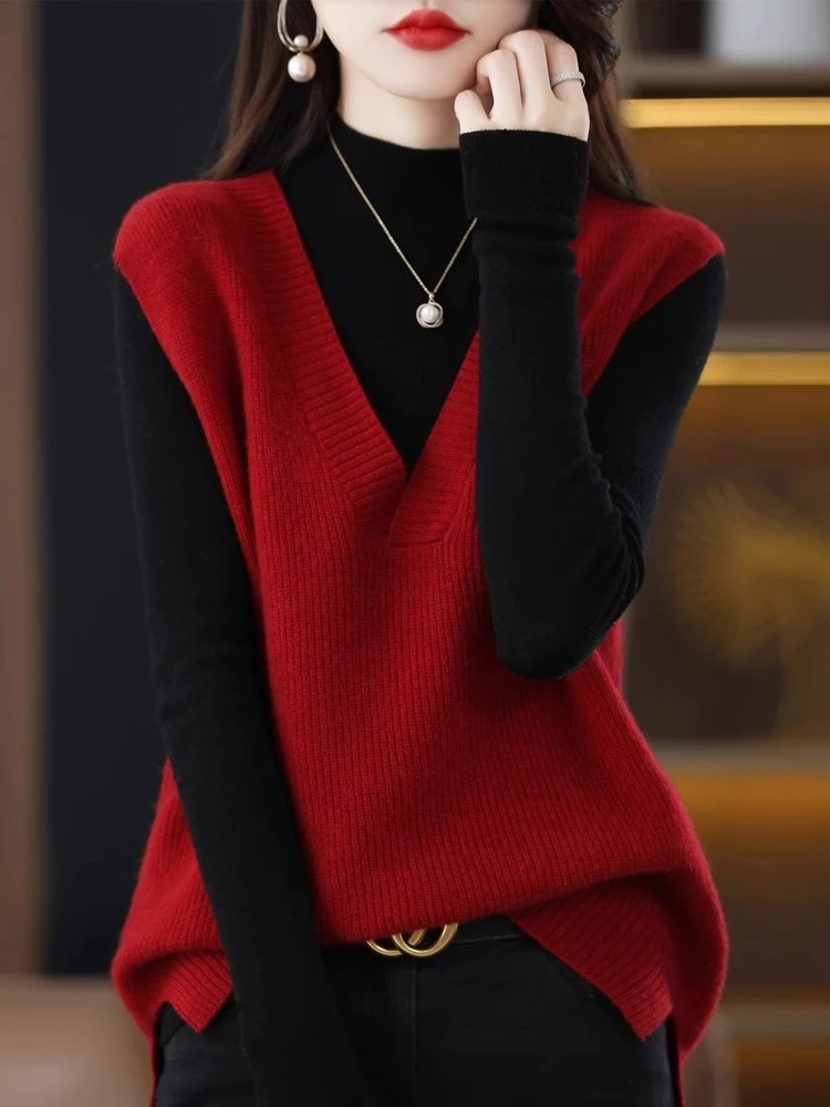 

Qingdao Birth Year Red Wool Knitted Vest Women's V-ne Svel Camere oulder Bared Vest Korean Sle Commute Faion