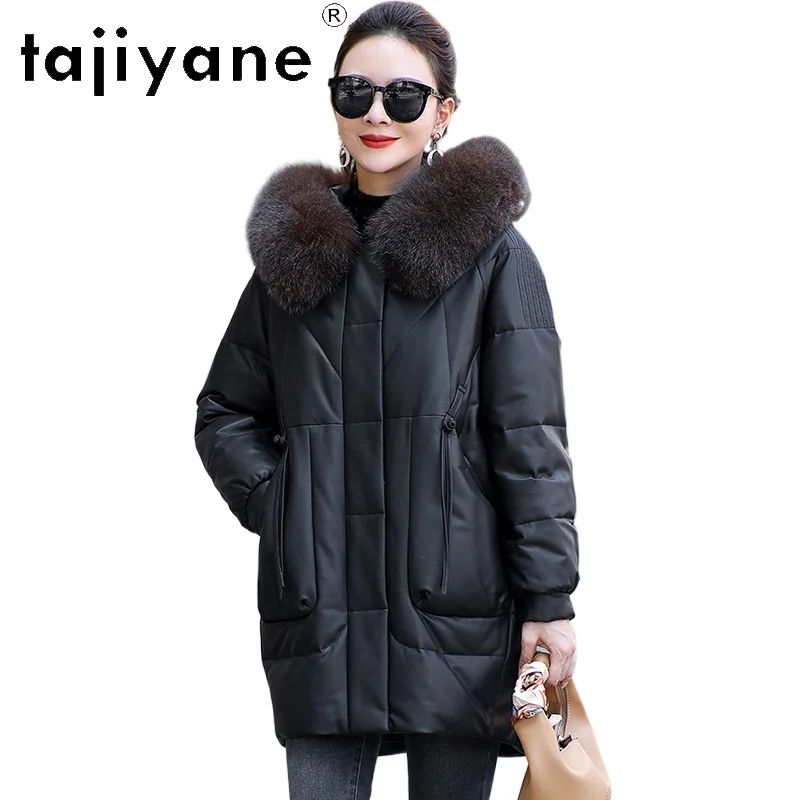 TAJIYANE Płaszcz z owczej skóry z puchem gęsim, damski, z kołnierzem z futra lisa, kurtki ze skóry naturalnej, wysokiej jakości odzież wierzchnia damska, zimowe ubrania damskie 2025
