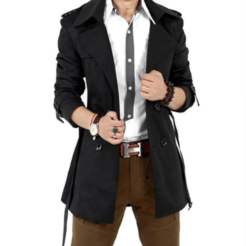 Autumn And Winter Mens Mid-Length Trench Coat Elegant British Solid Color Coat Korean Style Double-Breasted Casual Trench Coat