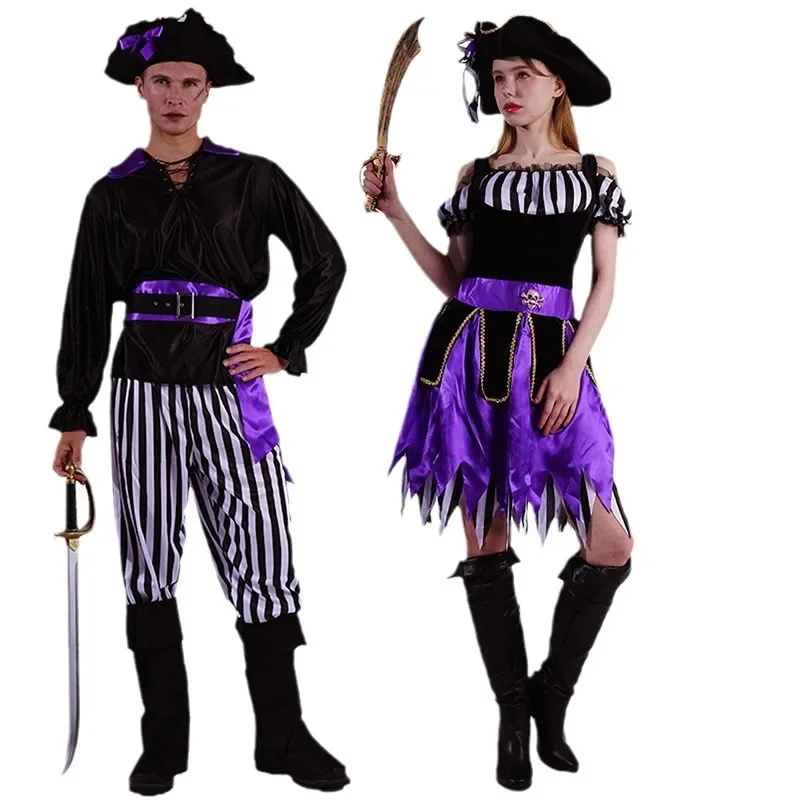 Pirate Cosplay Men Women Halloween Costume Dress Up Clothes Stripy Pants Hat Belt Party Stage Performance Wear 2024 Festival