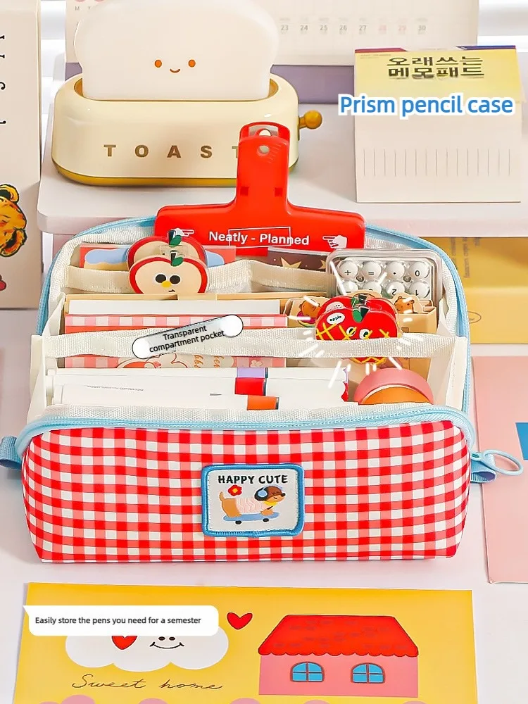 Niedliches kariertes Cartoon-Etui mit Apfelmotiv, großes Fassungsvermögen, Schreibwarentasche, ästhetisches Stiftetui für Schüler, Schule, Bürobedarf – Detail 9