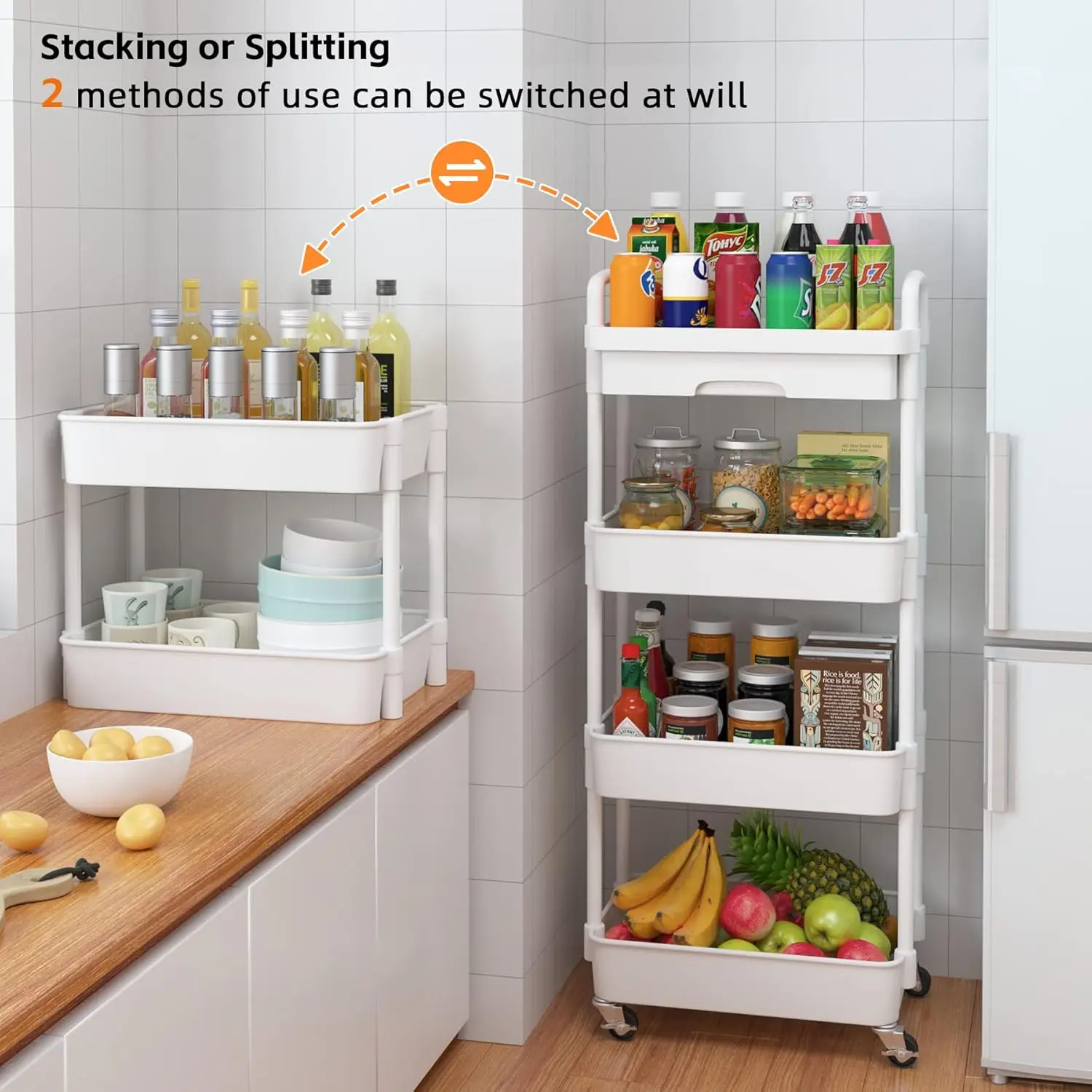 3/4Tier Plastic Rolling Utility Cart Storage Cart Organizer with Wheels Small Laundry Room Cart for Dorm Organization Bathroom K image 5