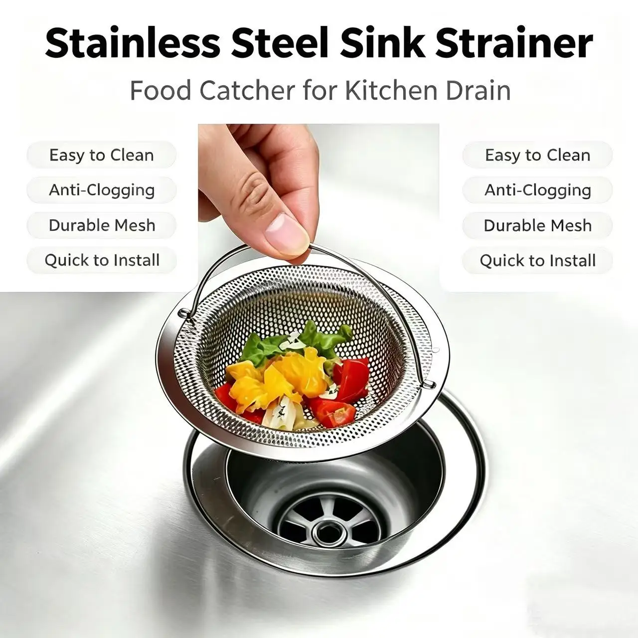 Stainless Steel Sink Strainer Kitchen Vegetable Washing Bowl Dishwashing Pool Filter Anti-Clogging for Home Garden
