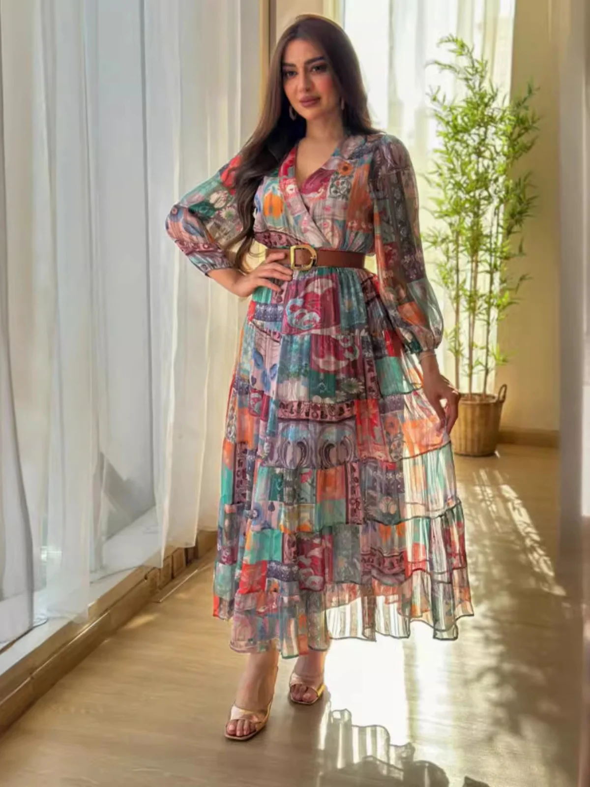 

Элегантное вечернее платье с длинными рукавами, сексуальное, с принтом, из шифона, макси-длина, с поясом, для танцев, свадеб, вечеринок, выступлений в KTV и на каждый день