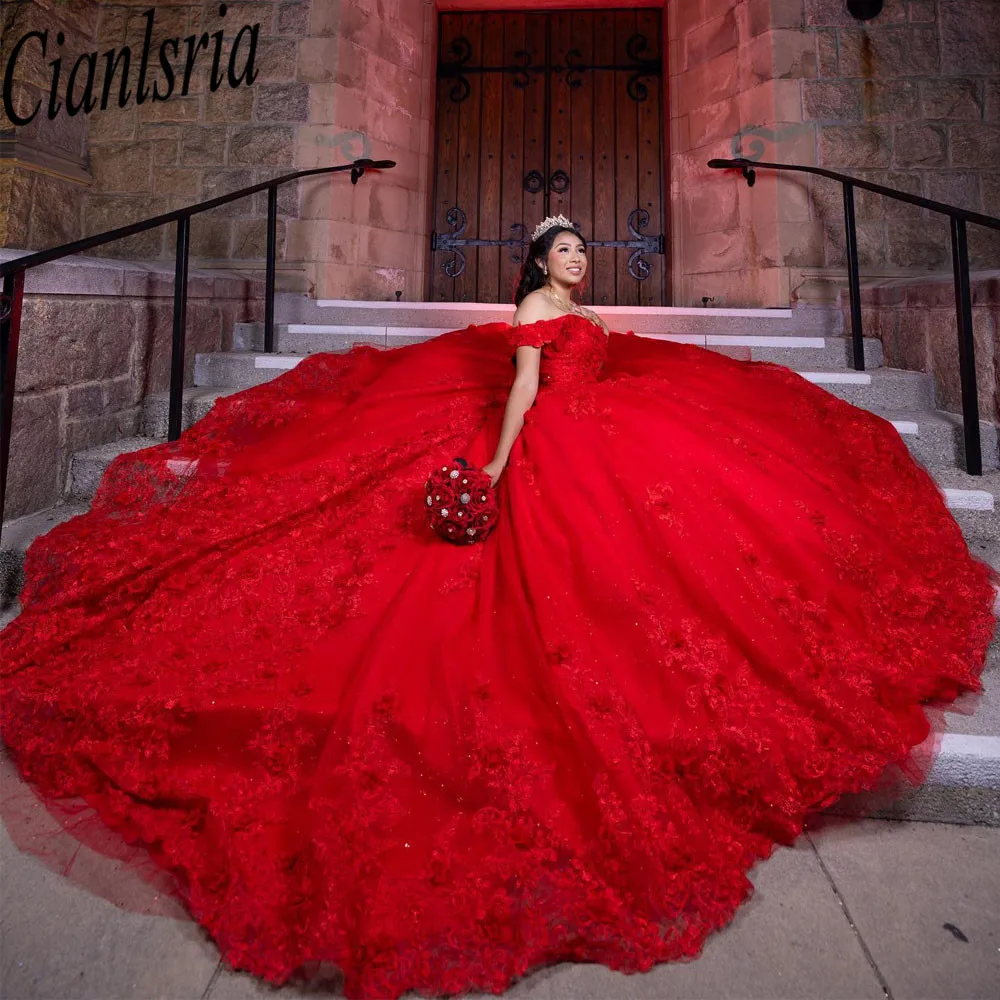 فساتين Quinceanera حمراء ثلاثية الأبعاد مزينة بالزهور على الكتف مزينة بالخرز مشد لحفلات الفتيات 15 الحلوة