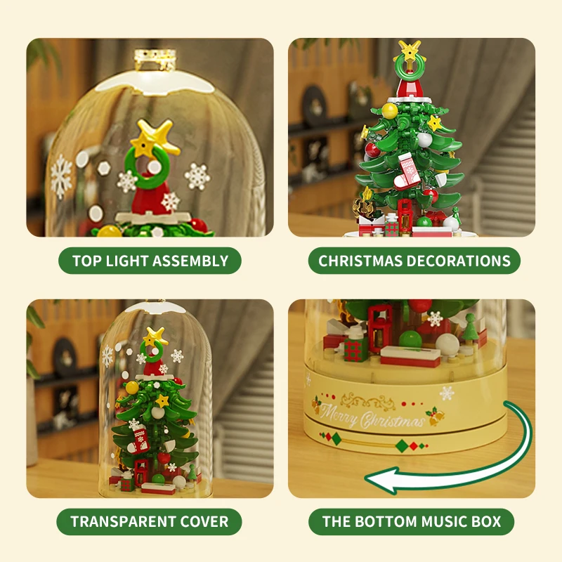 Conjuntos de construcción de árboles de Navidad, caja de música giratoria, juguetes con una varilla ligera, juguetes de construcción, regalos de Navidad para niños y niñas