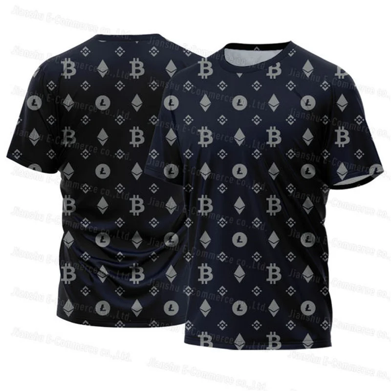 Camiseta gráfica Bitcoin masculina, roupa personalizada, férias, lazer, respirável, manga curta, blusa com o pescoço, moda verão