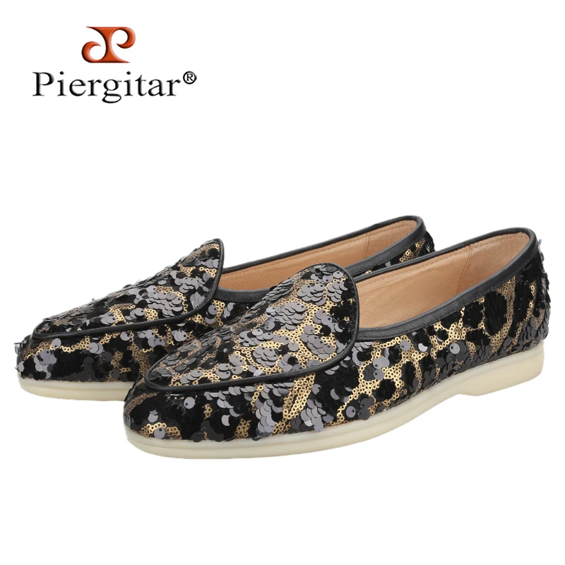 PPiergitar Handcrafted Gold And Black Sequin Cloth Men's Slip-on Trainers Breathable Leather Insole Sneakers White Rubber Bottom
