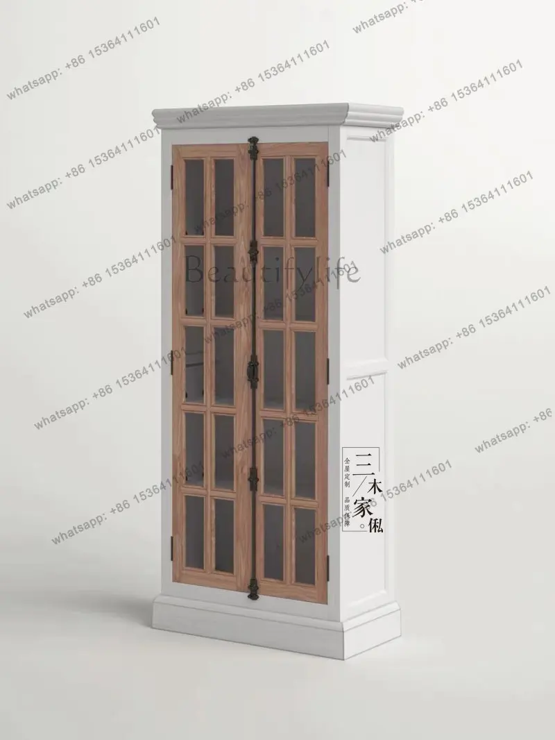 

French retro solid wood wine cabinet, living room glass door display cabinet high-end customization