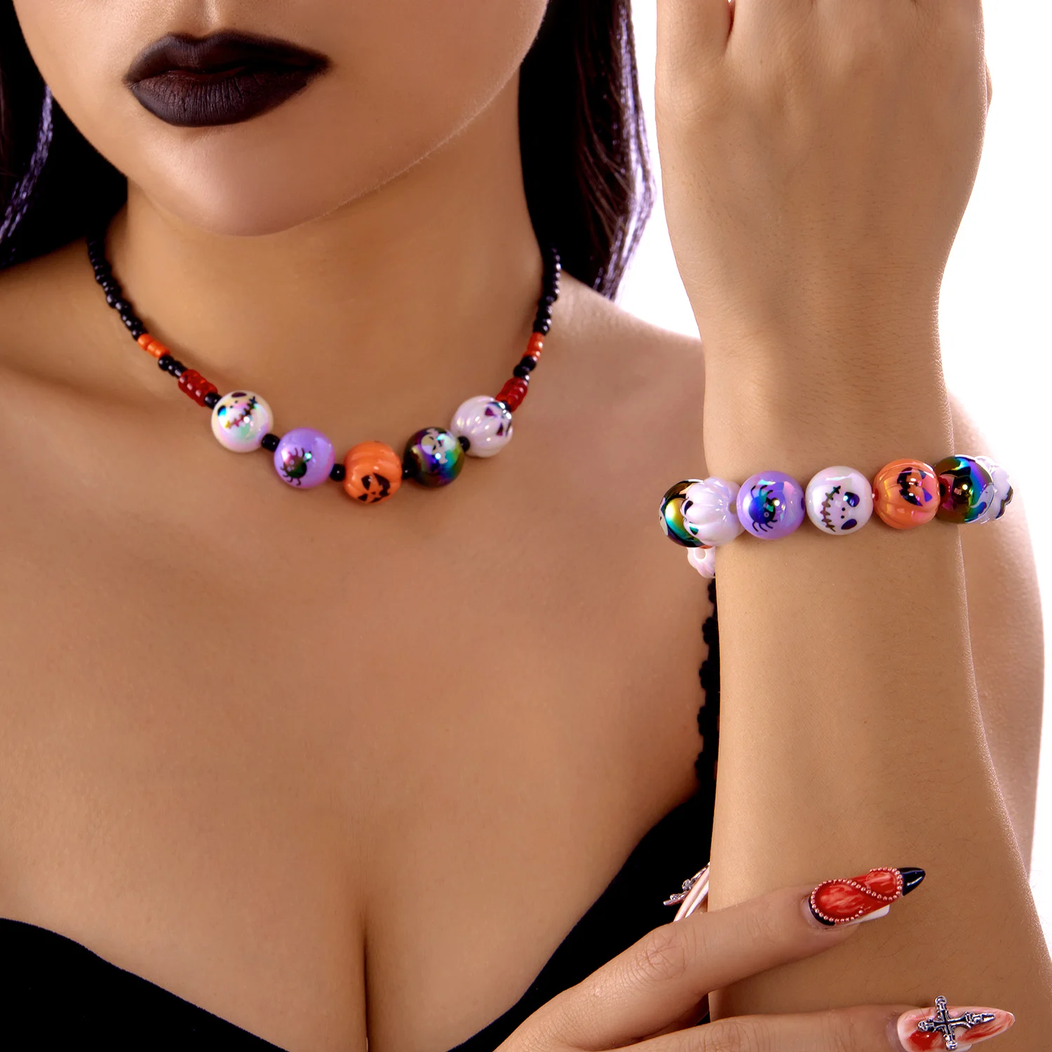 Gothic Halloween Blood Hand Magic Eye Bat Pumpkin Ghost Spider Printed Wooden Bead Bracelet Necklace Set