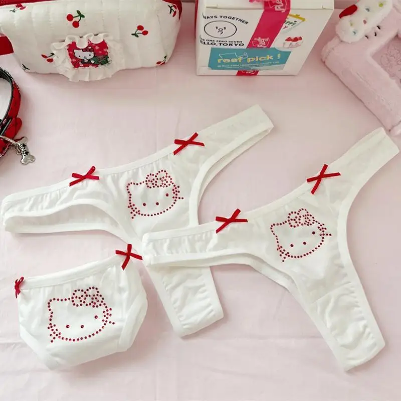 Kawaii Kt Cat Hot Drill Bow Tie Sweet Pure Cotton Sports Underpants Woman Thong Student Hot Girl Girl Sexy Rhinestones Underwear