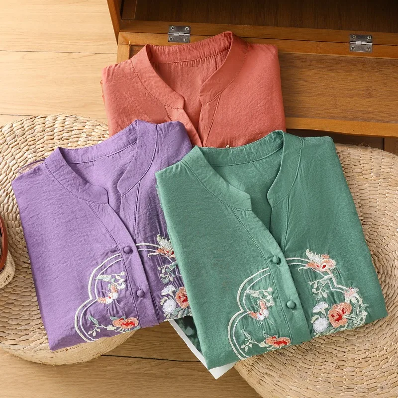 النمط الصيني الملابس النسائية البلوزات خمر قمصان مطرزة ملابس الصيف فضفاضة قصيرة الأكمام القطن الكتان النساء بلايز #5