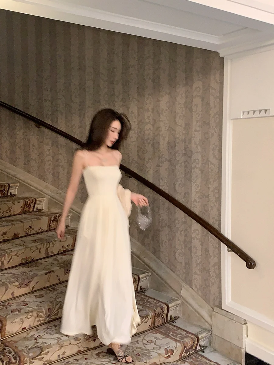 

White Milk Silk A-Line Long Dr High Waist Gauze Material Strapl Pleated Skirt by DAIYECI Summer Commute Sle