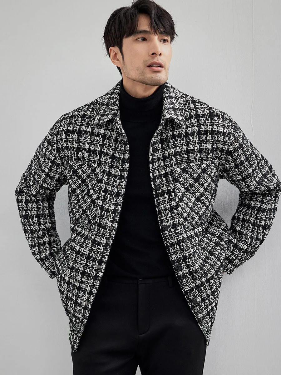 

Trendy Haome Small Fraance Sle Color Blo Knitted Tweed Loose Thi Winter Single Button irt Jaet for Men