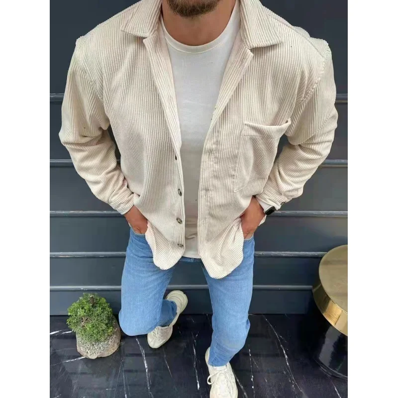 

Men's Autumn New Solid Color Long-Sleeved Jacket Casual Polo Collar Corduroy Thickening Cardigan