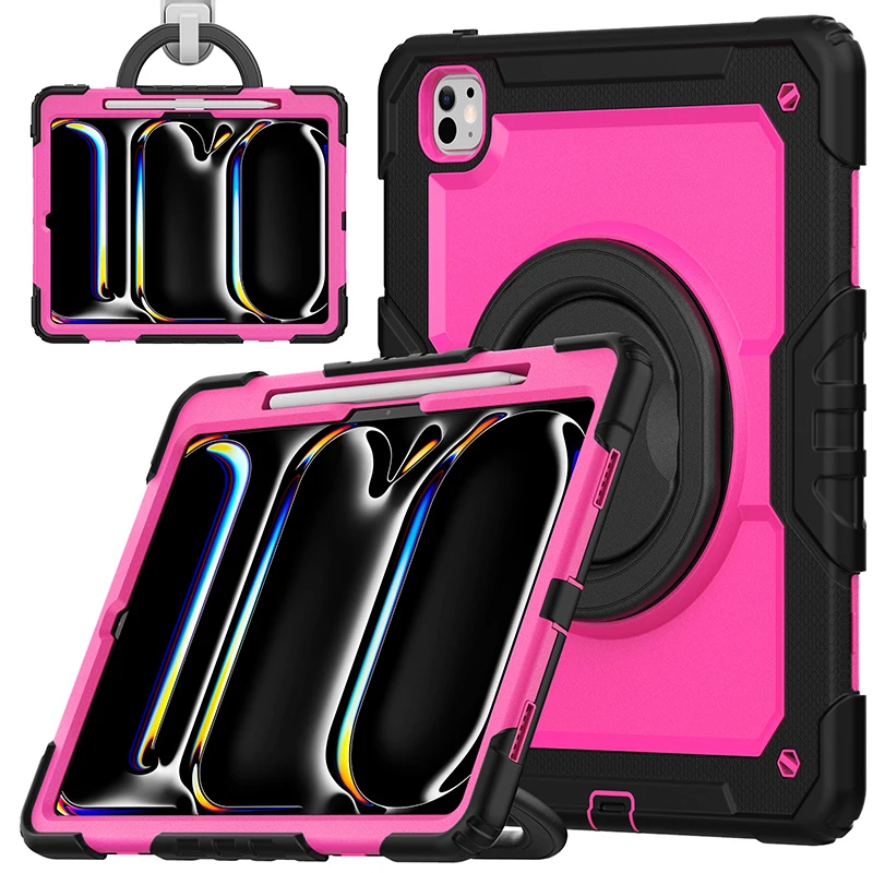 Protective Case For iPad Pro 13 inch 2024 Tablet Case Kickstand Holder Shoulder Strap Pencil Slot Anti-fall 360 Rotation Cover