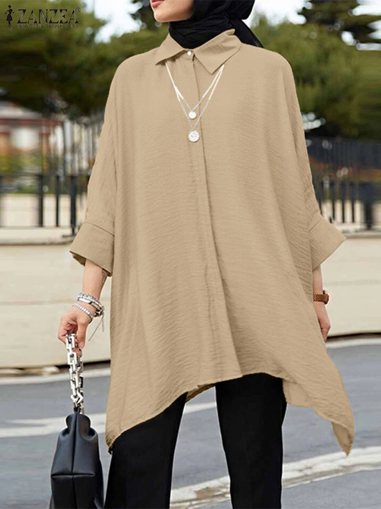 

ZANZEA 2022, женские топы с длинными рукавами и лацканами, стильная длинная рубашка, мусульманская блузка, Дубай, Абая, однотонный свободный кафтан, изозиционная одежда