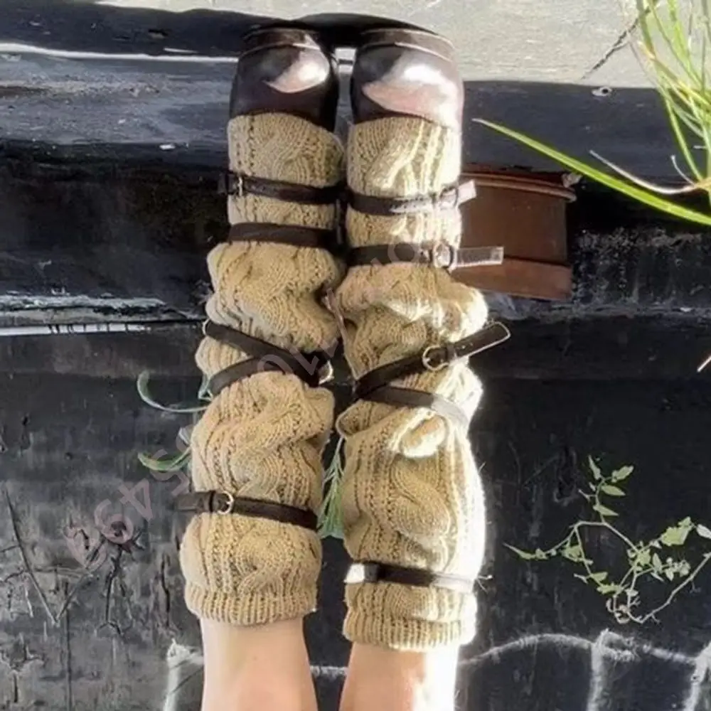 Damen Winterstiefel mit Gürtelschnalle, Strick-Patchwork, kniehoch, runde Zehenpartie, klobiger Absatz, lässige Party- und Mode-Langstiefel