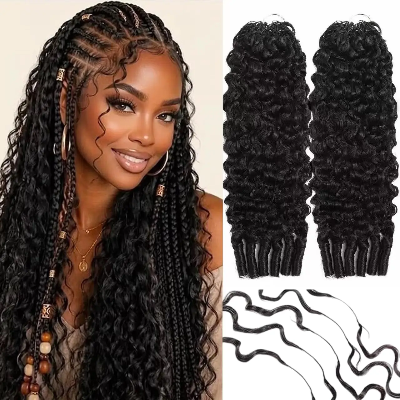 Burmese Curly Crochet Human Hair Extensions, Pre-Looped Miracle Knots Invisible Feather-Line Feather Crochet Hair, Spiral Curly Boho Braiding Hair for Braids