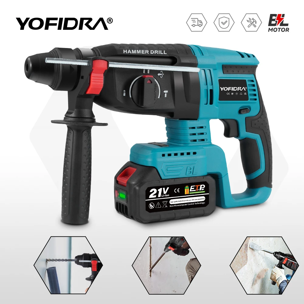 YOFIDRA 26MM Brushless Electric Hammer Drill Multifunctional Rotary Cordless Rechargeable Power Tools For Makita 21V Battery Pin