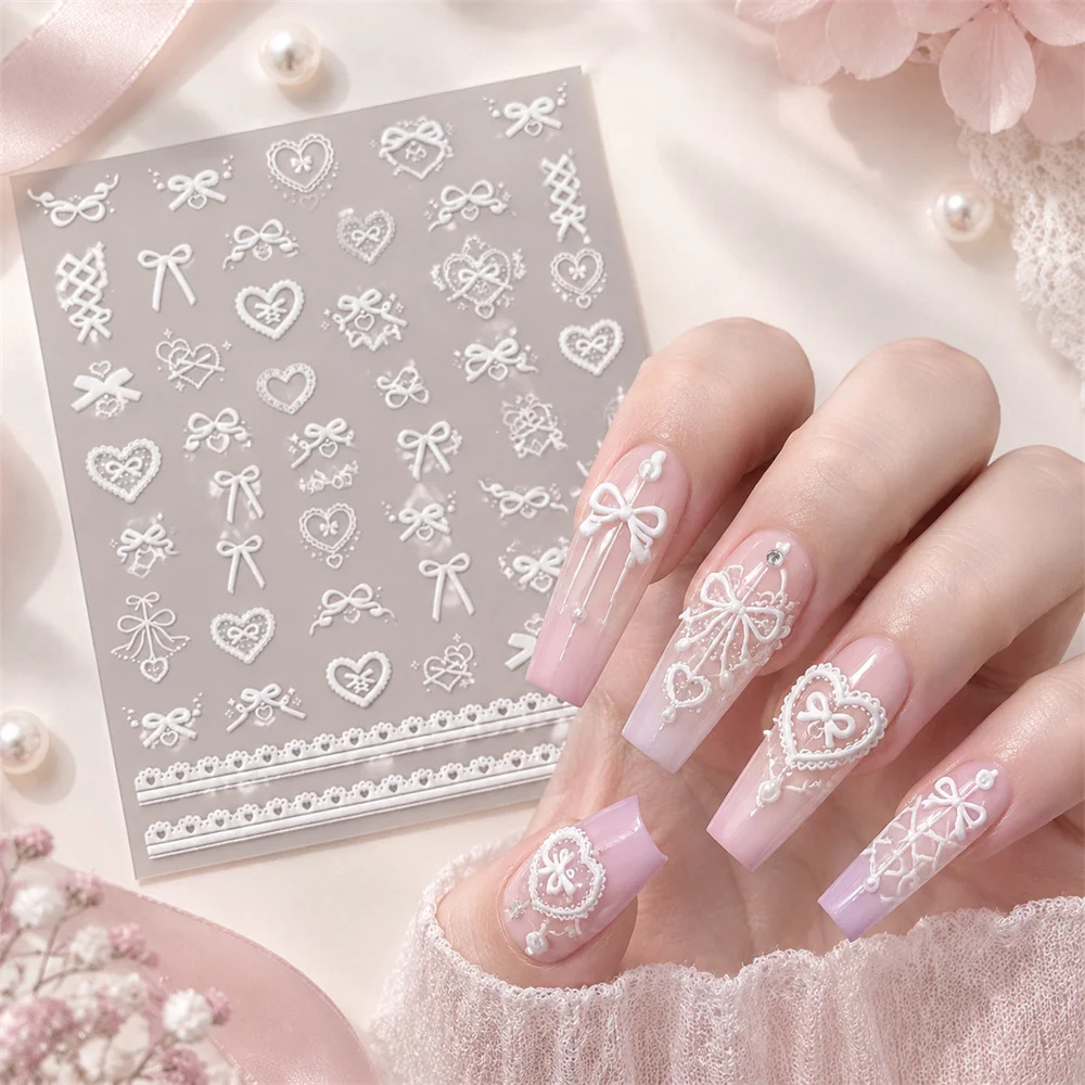 Y2K White Lace Nail Stickers Corset Bow Heart Embossed Self Adhesive Decals Club Party Trendy Style Nail Decor for Women