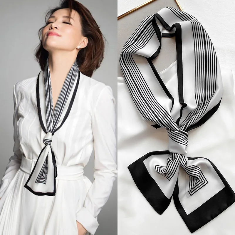 145X15CM Striped Silk Scarf Women\'s Slim Long Version Versatile Suit Shirt Spring and Autumn Simple Outfit Scarf Headband