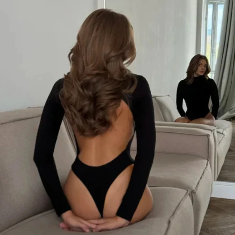 

Autumn Winter Sexy Europe America Commute Solid Color High Neck Backless Tight Fitting Slim Fit Long Sleeved Women's Bodysuit
