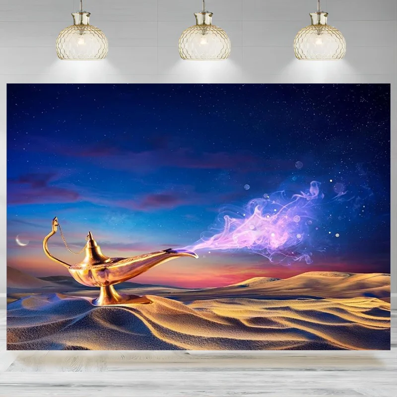 Fairy Tale Aladdin's Genie Lamp Backdrop Lamp Wishes Sand Desert Photographic Background Magic Lantern Smoke Banner