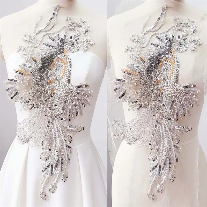 4Pieces Sequin Beaded Phoenix Applique Dress Chest Decor Bridal Evening Gown sew on Patches clothes Decoration Accessories 2026
