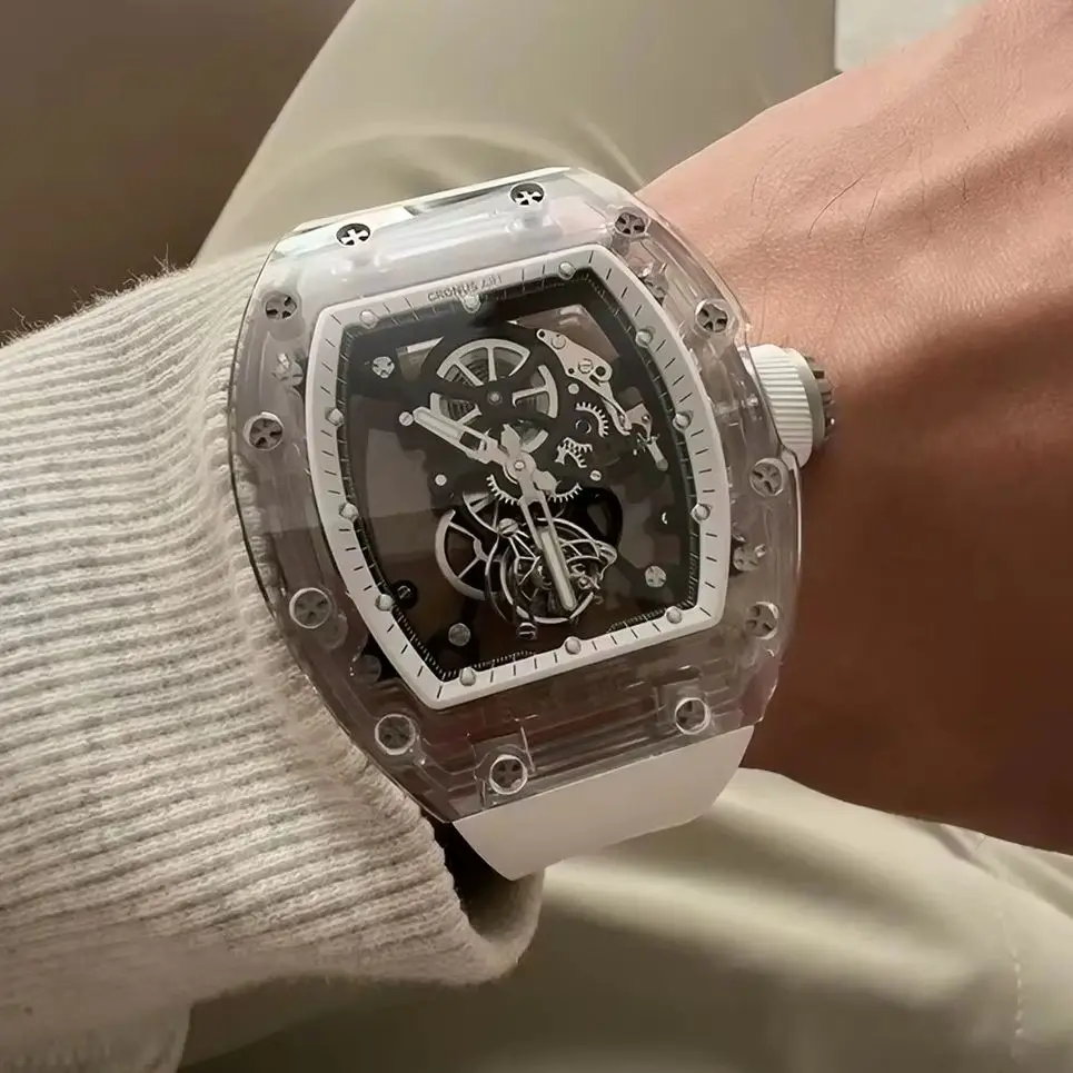 CRONUSART Men Tourbillon Watch 50mm*42mm Tonneau Mechanical Wristwatch Sapphire Case Mirror Luminous Skeleton Dial FKM Strap
