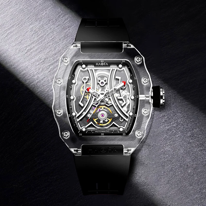 Haofa Panoramic Transparent Crystal Mechanical Watch for Men Automatic Hollow Movement Wristwatch Racing Track Dial  Watch 2325