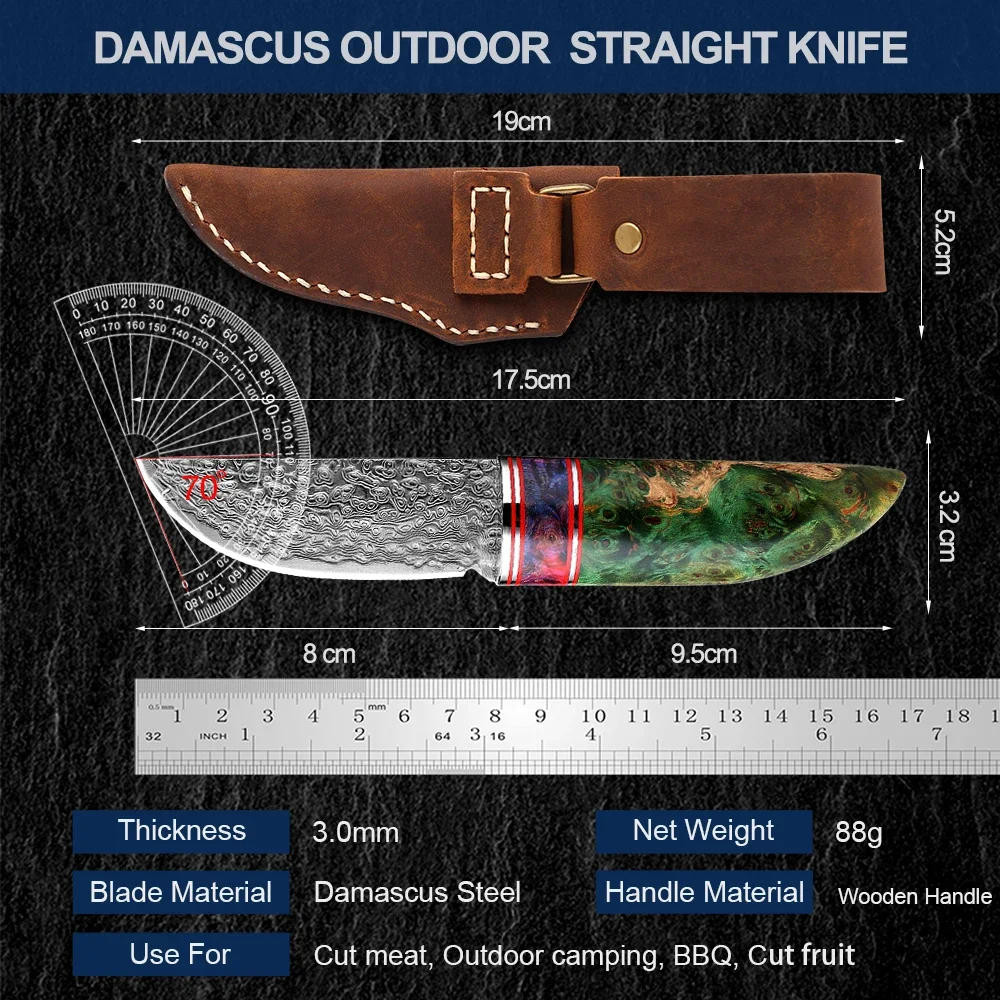 Outdoor Small Straight Knife VG10 Damascus Steel Camping Survival Sharp Knife Fruit Knife Japanese Knife with Leather Sheath