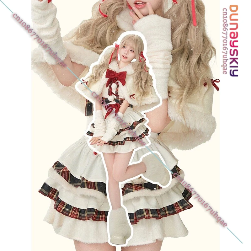 Winter Y2K Kawaii Lolita Dress Cosplay Costume Women Bow Hooded Shawl Short Jackets 2025 Christmas New Year Dresses Suit