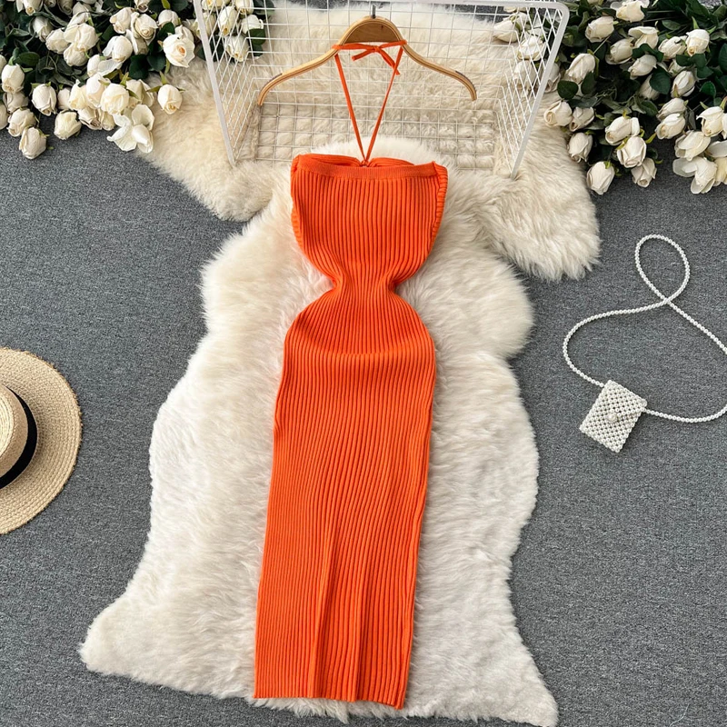 YuooMuoo Chic Fashion Abito avvolgente sexy Donna a costine lavorato a maglia Slim Elastico Halter Abito aderente Stile vacanza Abiti da spiaggia estivi